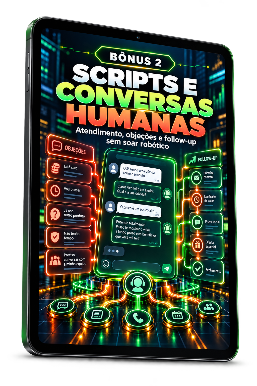 Scripts e Conversas Humanas apresentado em um tablet