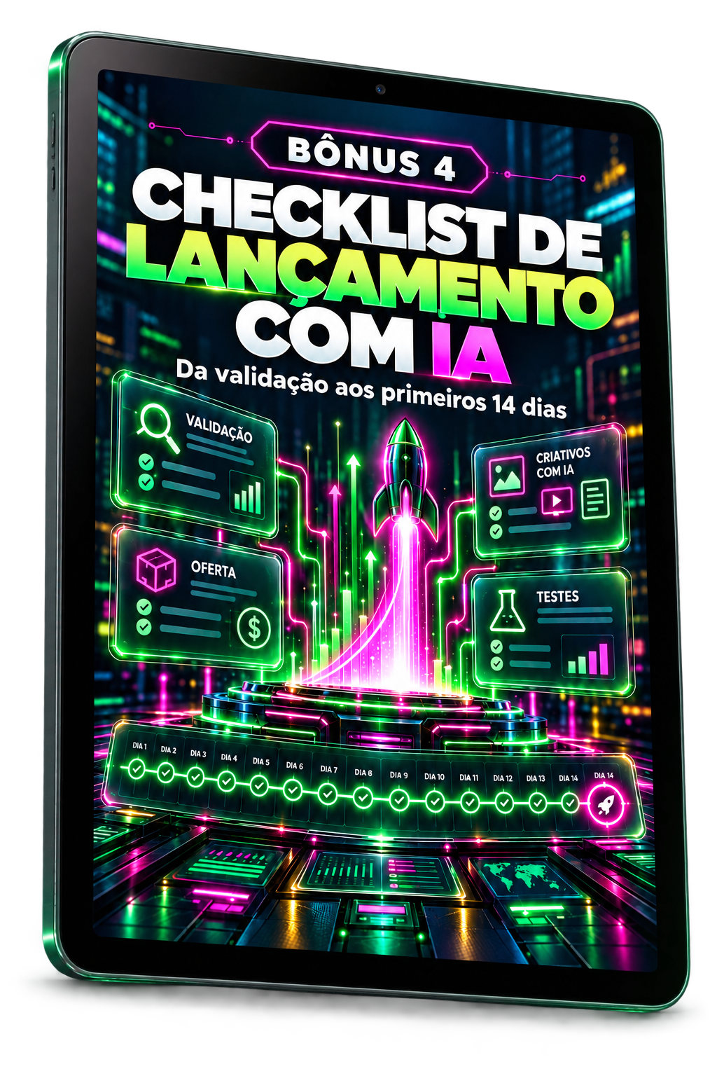 Checklist de Lançamento com IA apresentado em um tablet